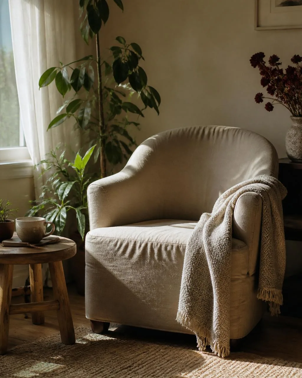 A quiet, sunlit sitting room with a linen armchair, plants and dried burgundy flowers